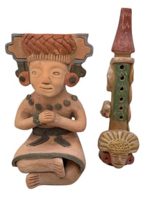 5 pc Mexican Terracotta Figural Pottery, Ornate Blow Dart Gun, Peruvian Carved Folk Gourds