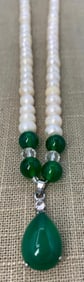 5mm Freshwater Pearl and Emerald Green Jadeite, Jade, Pendant Necklace