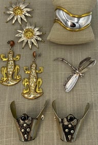 Sterling Silver & Brass Mexican Cuff Bracelet, 925 Dragonfly Pin, Metal Boot Heel Caps and Earrings