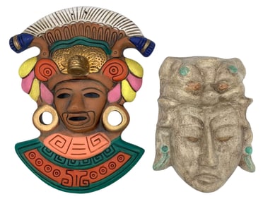 Pair of Mexican, Mayan, Aztec Style Terracotta Mask Wall Art Sculptures