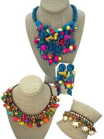 4 pc Tinkling Natural Stone Elephant, Brass and Wood Bead Necklaces, Bracelet and Earrings