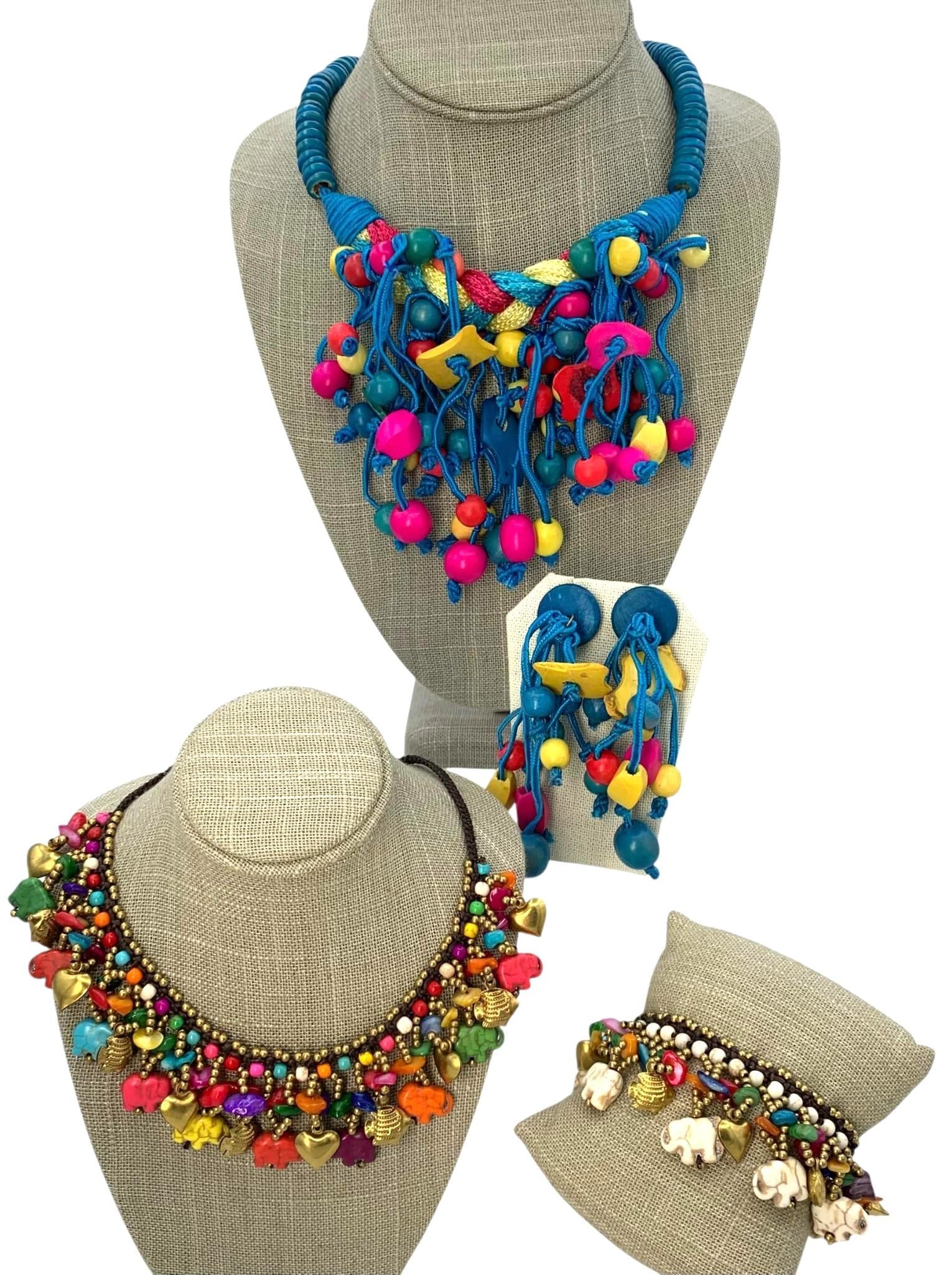 4 pc Tinkling Natural Stone Elephant, Brass and Wood Bead Necklaces, Bracelet and Earrings (1 of 9)