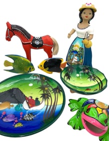 7 pc Hand Painted Mexican Pottery Statues, Plate, Bowl and Vivid Hued Wood Decoration Collection
