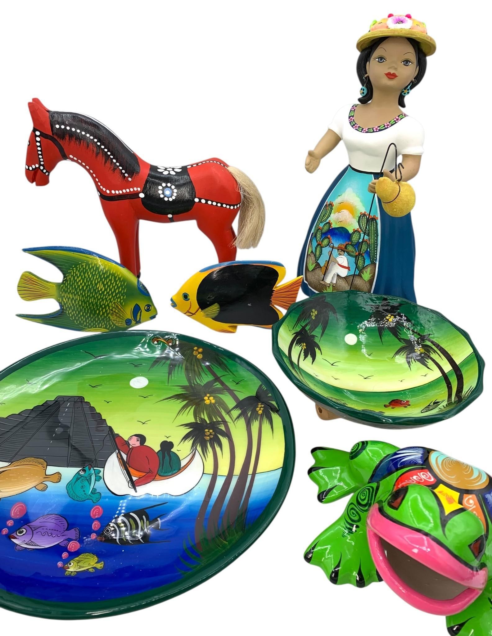 7 pc Hand Painted Mexican Pottery Statues, Plate, Bowl and Vivid Hued Wood Decoration Collection (1 of 20)