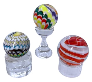 Rick Davis Signed Art Glass Marble, and 2 Unsigned Artisan Made Orbs, 3 pc Sphere Collection