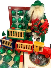 33 pc Vintage Christmas Emerald Green Glass Ornaments, Santa and Light up Tree Topper Collection