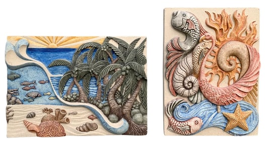 Pair Renato Dorfman Artist Signed Dimensional Sand Art Wall Sculptures