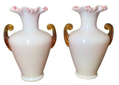 PAIR of Antique Stevens and Williams Cased Pink Applied Double Handle Art Glass Urn Vases