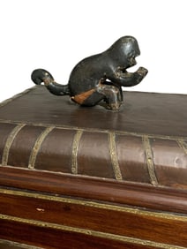 Unusual Monkey Totem Embossed Metal Band Lidded Vintage Wood Dresser Box