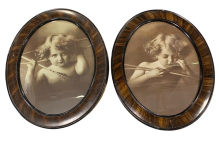 PAIR c1897 Cupid Awake, Cupid Asleep, Antique Sepia Lithographs