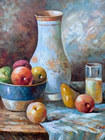 Large Artist Signed Hand Painted Oil on Canvas Fruit Still Life Painting