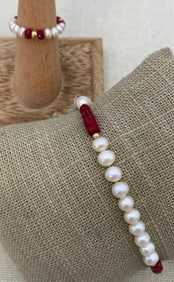Freshwater Pearl, Petite Gold Bead and Faceted Ruby Bead Stretch Bracelet and Ring Set
