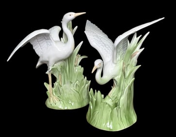 PAIR FITZ and FLOYD Stunning White Heron Vintage Candlestick Holder Ceramic Seaside Statues