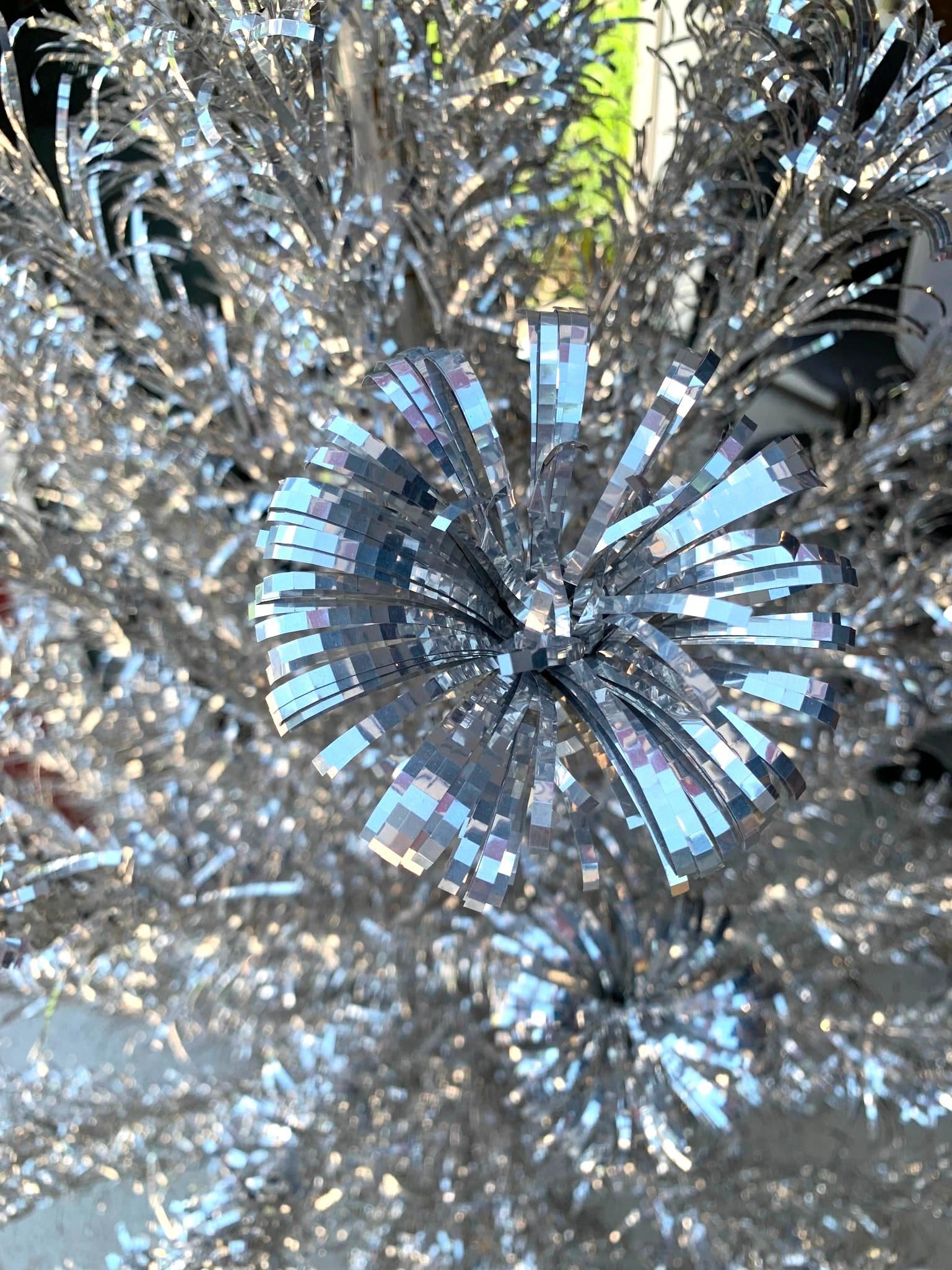 Mid Century 7' EVERGLEAM Silver Aluminum 100 Branch Pom Pom Christmas Tree with Vintage Color Wheel: Early Evergleam box with age and wear, 100 branches of various lengths with frilled pom ends, wood frame pole with folding tripod base, shelf wear to the color wheel box, wheel rotates when plugged in