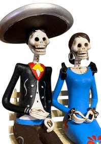Two sets of Mexican Folk Art Dia de los Muertos Skeleton Clay and Papier Mache Sculptures