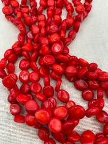 Ruby Red Polished Coral Nugget 5 Strand Necklace and Pair of Stretch Bracelets, 925 Clasp