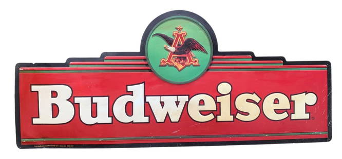 LARGE Embossed Metal 1994 BUDWEISER Beer Advertising Bar Sign: 59 1/2" x 25 1/2" with embossed detailing, 1994 date on the sign which has some age and wear to the materials, displays Great!