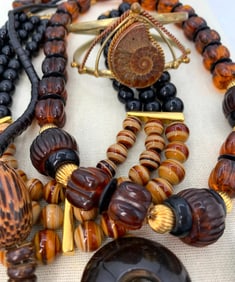 14 pc Fossilized Ammonite, Faux Amber, Wood Bead Statement Jewelry Collection