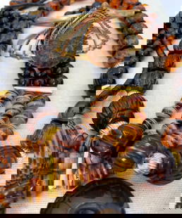 14 pc Fossilized Ammonite, Faux Amber, Wood Bead Statement Jewelry Collection: Gorgeous pieces, including embossed and etched metal, grained wood, faux amber, fossilized Ammonite, brass and copper and even a "Hapa Wood" composite Happiness medallion from Hawaii. One striped glas