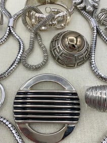 17 pc Vintage 1970s to 90s Shining Silver Costume Jewelry and Hip Belt Collection