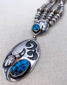1970s L. B. TOM Native American Double Strand Silver Bench Bead Turquoise Navajo Pendant Necklace
