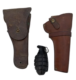 Pair Vintage Leather Revolver Holsters: WWII US Military, Heiser Denver 418 & Drilled KOREA Grenade