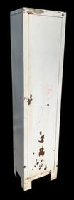 Thin Vintage White Washed Metal Storage Locker Cabinet with Shelves