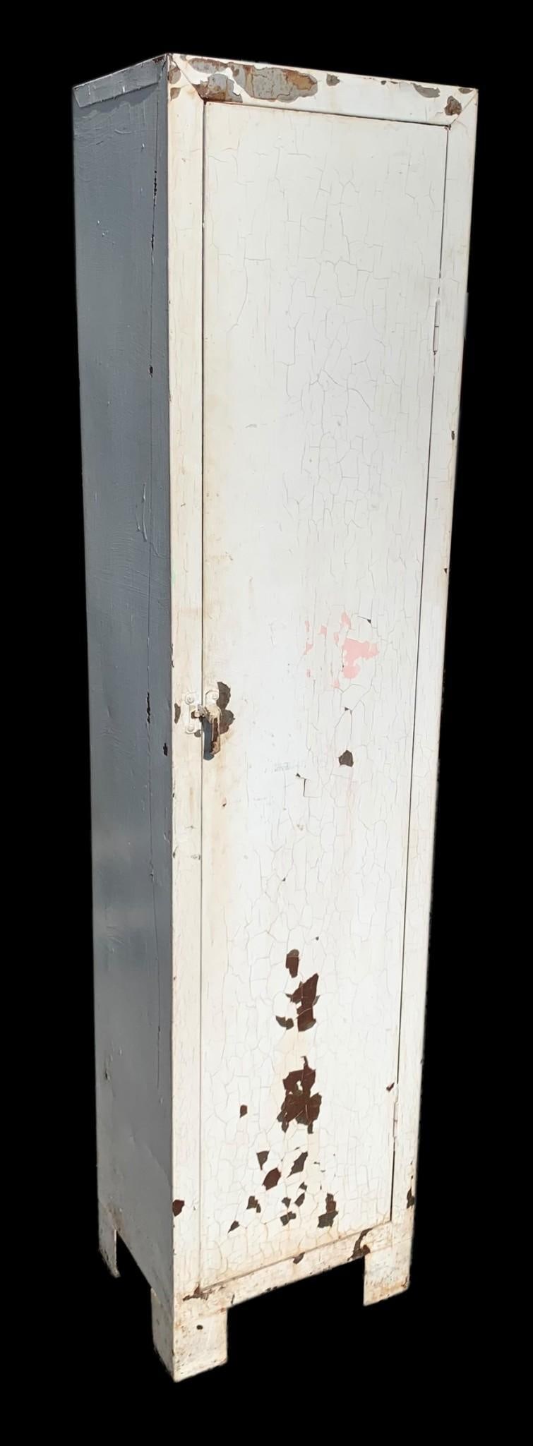 Thin Vintage White Washed Metal Storage Locker Cabinet with Shelves (1 of 6)