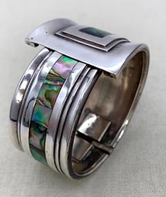 82 Gram Sterling Silver Abalone Inlaid Asymmetrical Tapered Hinged Wrap Cuff Bangle Bracelet