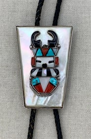 1970s ZUNI Silver Antelope Kachina Inlaid Mosaic Vintage Bolo Slide Necklace