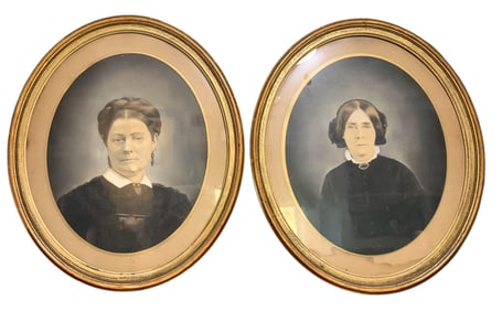 Pair Victorian era Warbled Glass Gilded Oval Wood Frame Antique Watered Chalk Portraits