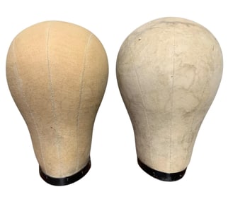 Pair Vintage Millinery Mannequin Head Canvas Covered Hat Making Forms, Chapeaux Display Stands