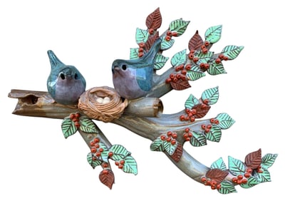Steve Vasiliou Art Studio Nesting Birds Dimensional Handmade Pottery Wall Sculpture c1994