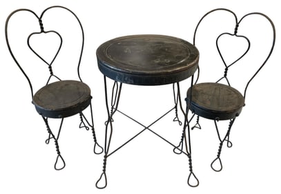 Vintage 3 pc Child Size, Large Doll Size, Heart Shaped Wrought Iron Ice Cream Parlor Table Set