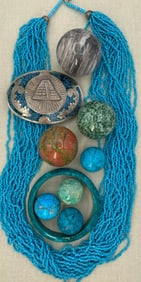 10 pc Natural Polished Stone Spheres, Mayan Temple Buckle, Chrysocolla Bangle, Seed Bead Necklace