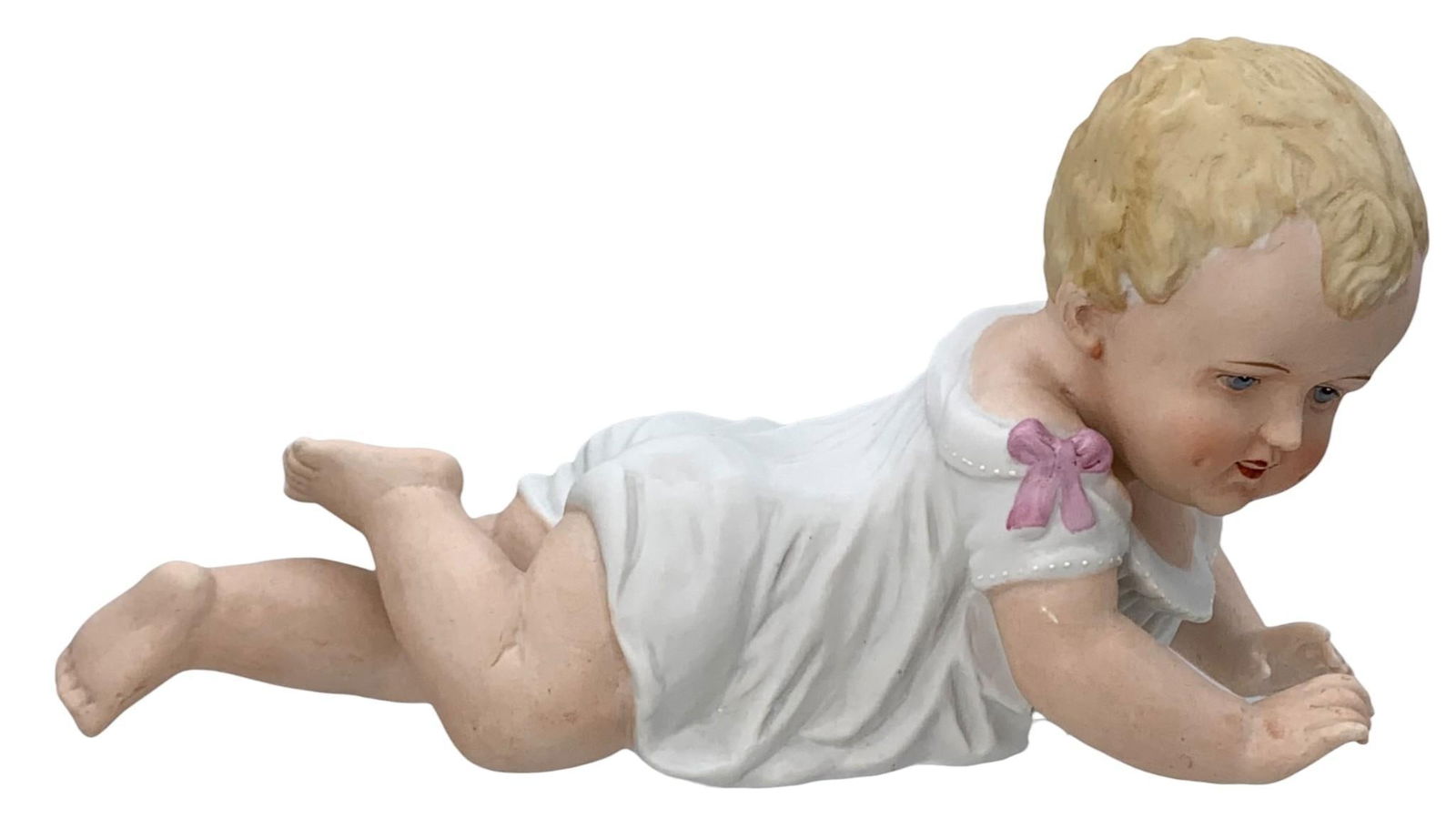 Vintage Bisque Pink Bow Trimmed Frock Blonde Piano Baby Girl Porcelain Statue: 10" x 5 1/4" x 4", hand painted with teeth and blue eyes, all fingers and toes accounted for, number 23/109.