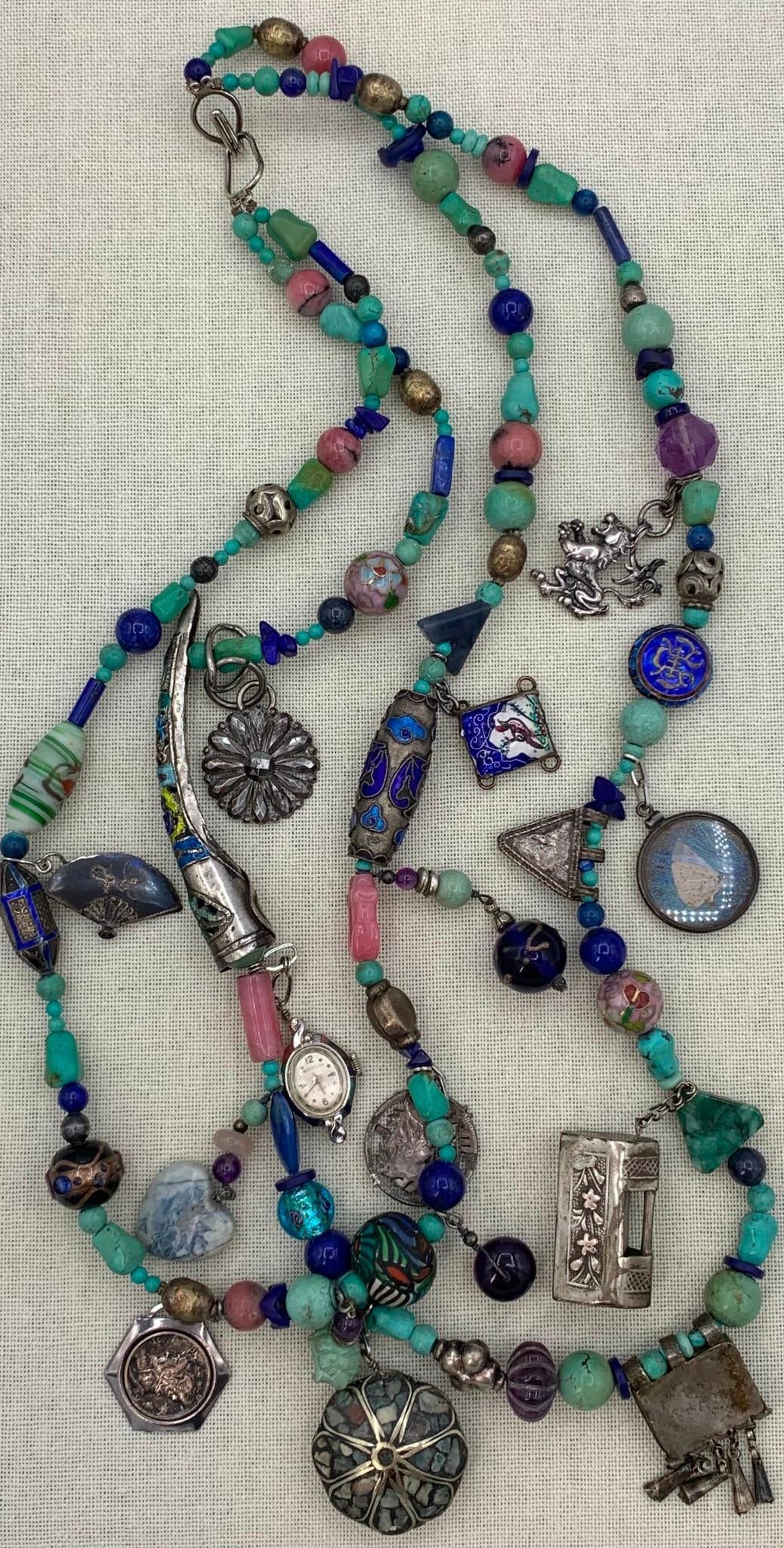 World Traveler Handmade Venetian Glass, Natural Stone, Chinese Fingernail Guard, Cloissone Necklace (1 of 18)