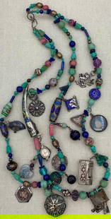 World Traveler Handmade Venetian Glass, Natural Stone, Chinese Fingernail Guard, Cloissone Necklace: Double strand with a 27" interior circumference, hand crafted in a medley of polished natural stones, Venetian glass beads, cloisonne, trinkets, salvaged pieces and charms collected from countries all