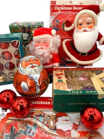 26 pc Vintage Holiday Santa Decorations and Early Glass Christmas Tree Ornament Lot