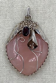 Incredible Sterling Silver, Healing Rose Quartz and Garnet Large Artisan Made 925 Pendant