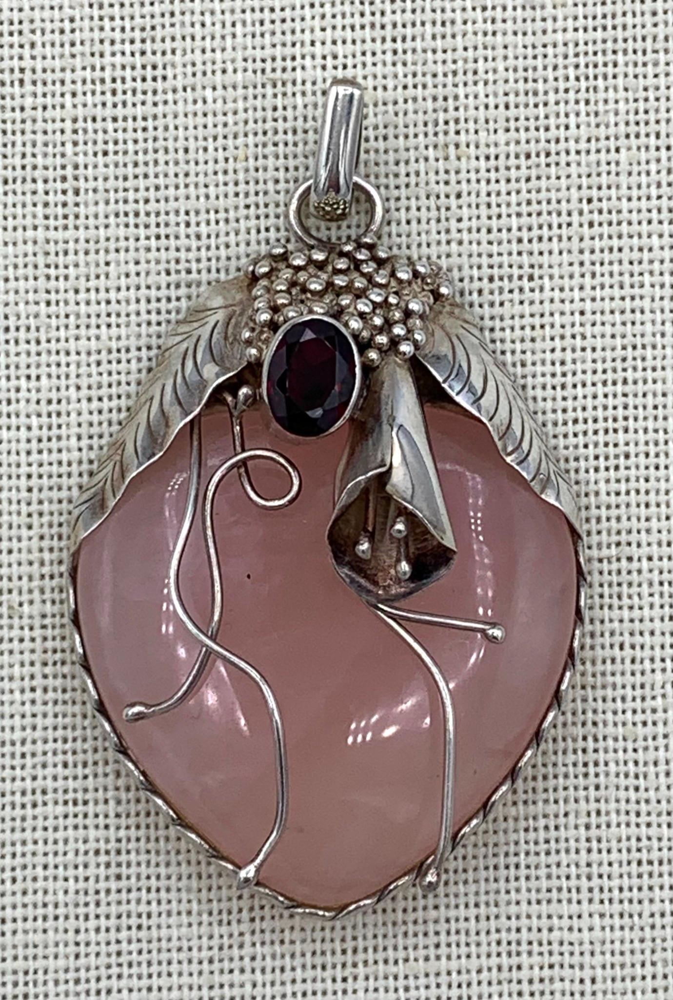 Incredible Sterling Silver, Healing Rose Quartz and Garnet Large Artisan Made 925 Pendant (1 of 10)