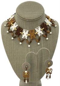 West Germany Openwork Tri Color Composite Ball Fringe Mid Century Choker Necklace and Clip Earrings