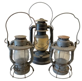 3 Antique Oil Lamps: New York Central System Railroad Embossed with Etched Glass Lens