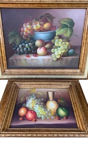 Pair Artist Signed Oil on Canvas Still Life Fruit Oil Paintings