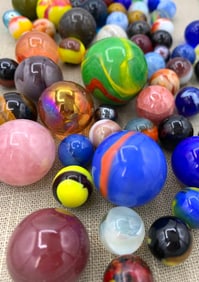 83 Vintage Art Glass Shooters and Marbles, Polished Natural Stone Orbs, Spheres