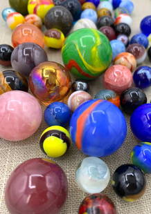 83 Vintage Art Glass Shooters and Marbles, Polished Natural Stone Orbs, Spheres: Fantastic variety in sizes from 1 3/8" to 3/8", banded and swirled, iridescent, slag, metallic in rainbow to earthy hues.