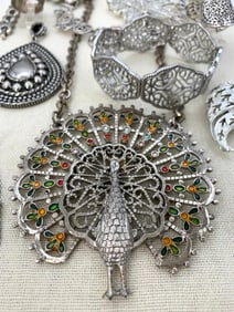22 pc Vintage Ornate Silver Peacock Costume and Sterling Designer Jewelry Collection