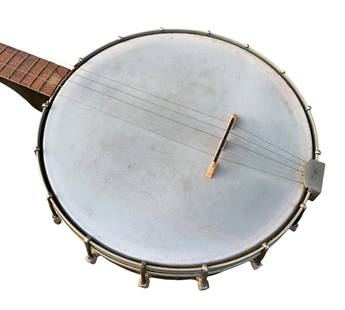 Vintage KAY Open Back 4 String Folk Banjo: Small bag with finger pick, extra bridge and strings, light wear to the materials, structurally sound.