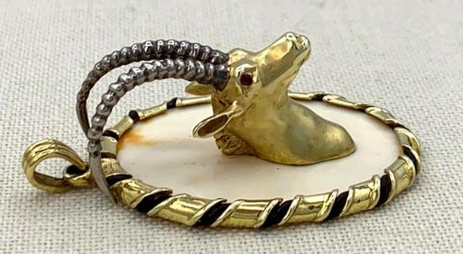 LARGE 14k Gold Custom Made Dimensional Horned Antelope Necklace Medallion Pendant