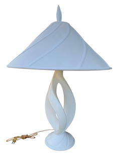 Bold Mid Century Modern HELIX Winter White Ceramic Table Lamp with Original Finial, Shade: 32" total height with large ribbed fabric shade (some storage dust to the shade), original finial and cord, works when plugged in, felt lined base, no structural issues.